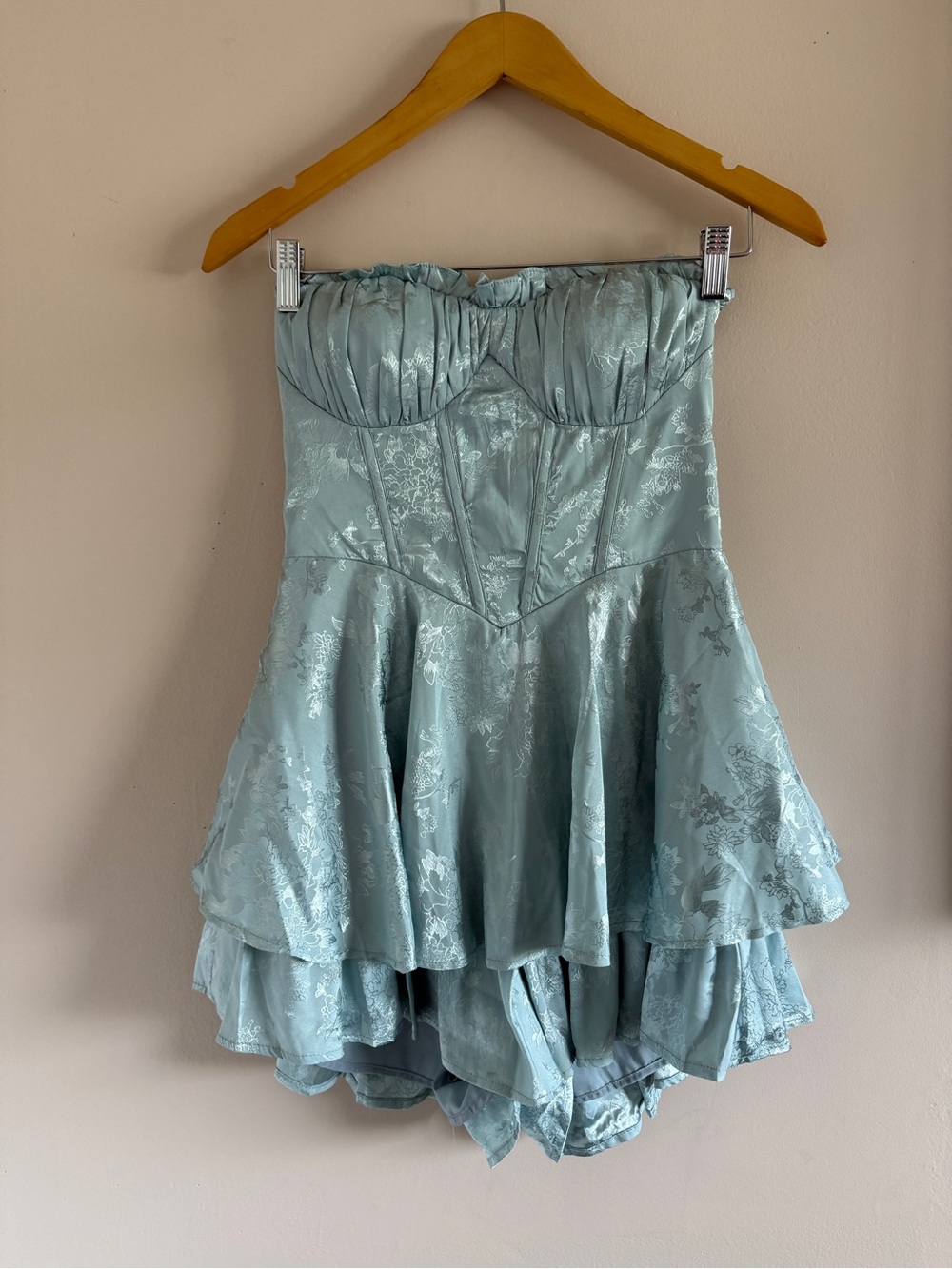 Strapless Light Blue Brocade Romper Dress